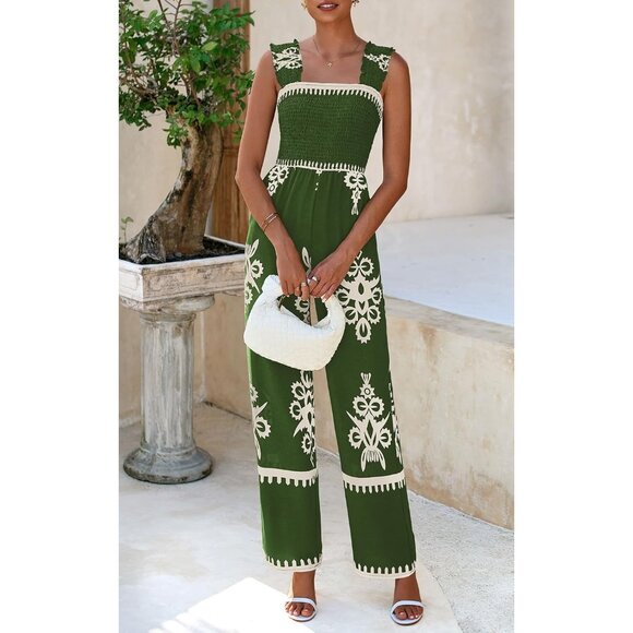 Women's Green Apricot Flower Casual Boho Summer Shirred Strap Rompers Jumpsuit - Picture 4 of 6